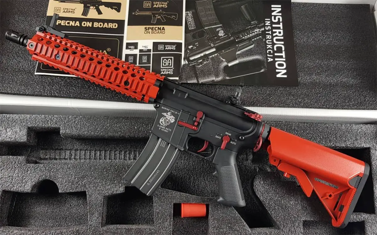 A two-tone airsoft rifle
